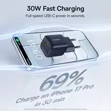 Cargador Baseus 30W GaN PD para iPhone 17 16 15 14 13 12 Max, Cargador Rápido PD3.0 QC3.0, Cargador Tipo C para Teléfonos y Tabletas